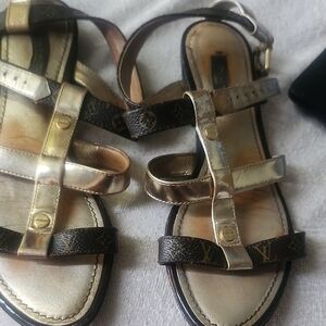 Louis Vuitton Gold and Black Sandals with Gladiator Design